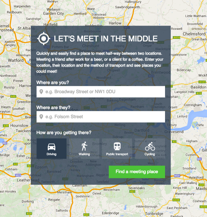 A screen shot from Let's meed in the middle showing the form to enter your locations and mode of transport